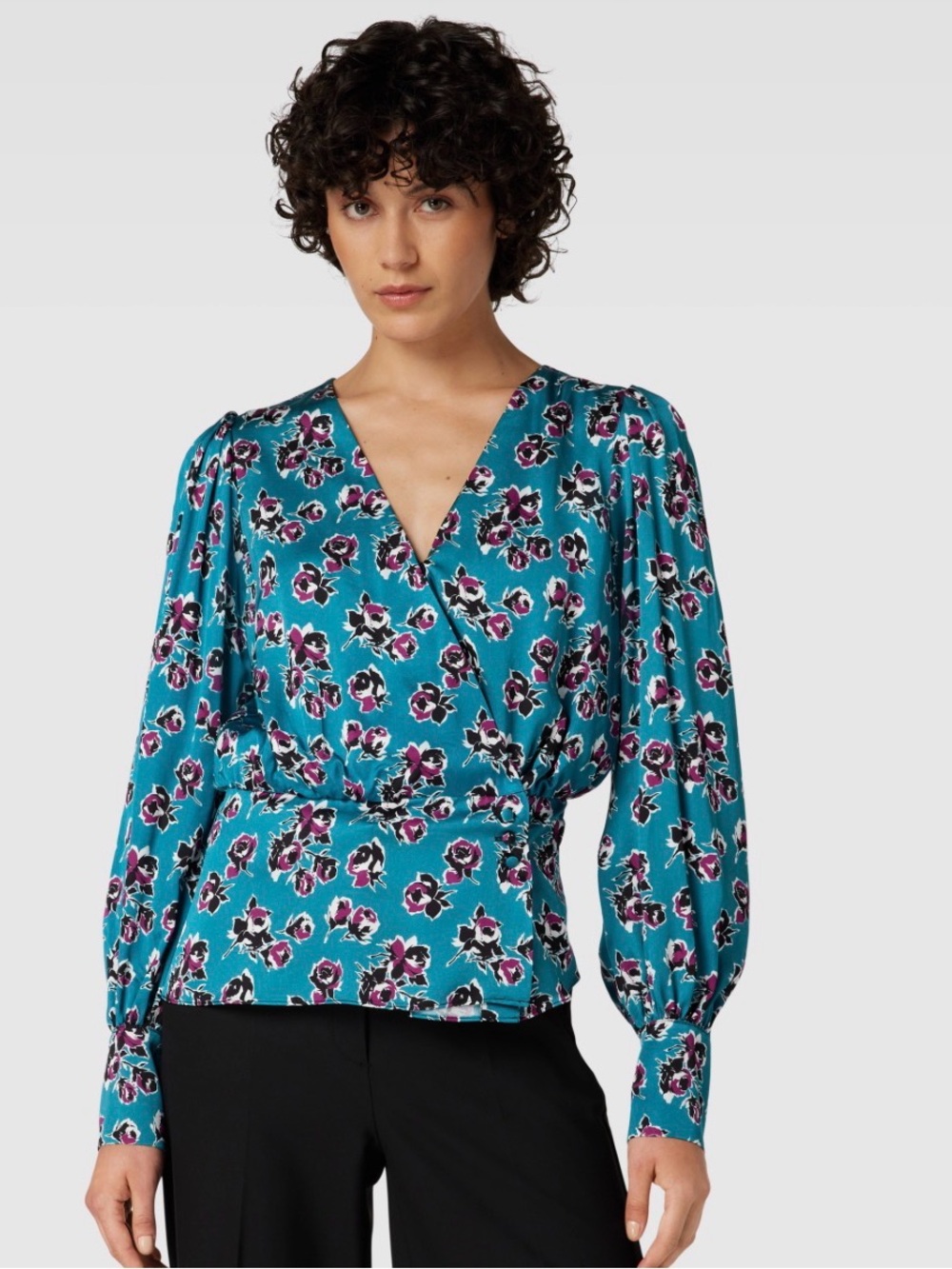 The Kooples Rock Roses Teal Floral Wrap Blouse Top Long Sleeve V-Neck